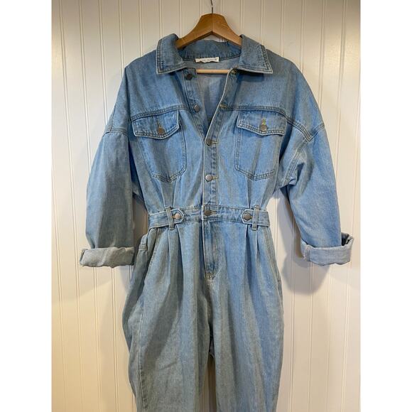 12th Tribe Denim Jumpsuit Women's M/L Light Wash Button Up Collared Long Sleeve - Picture 3 of 5